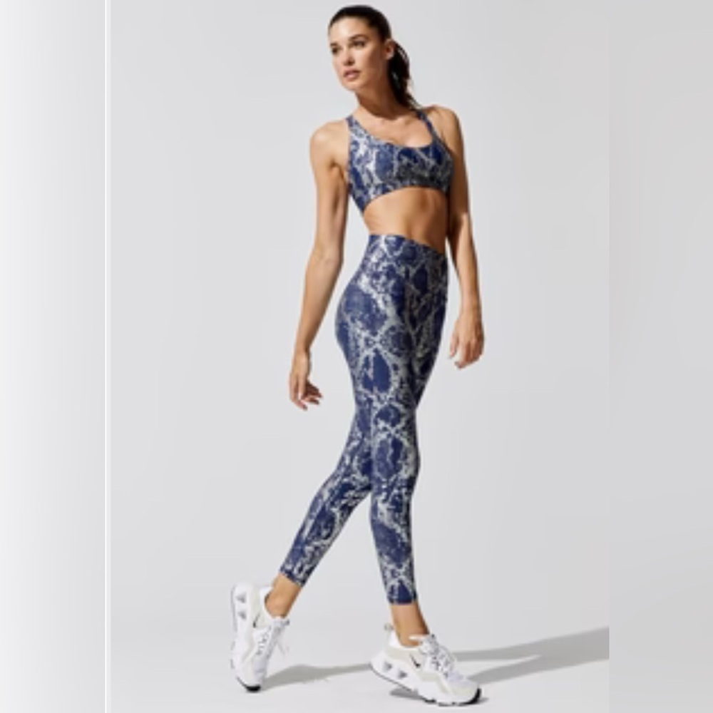 Carbon38 Iconic Metallic Snake Print Navy/Silver High Rise Leggings and Top Set